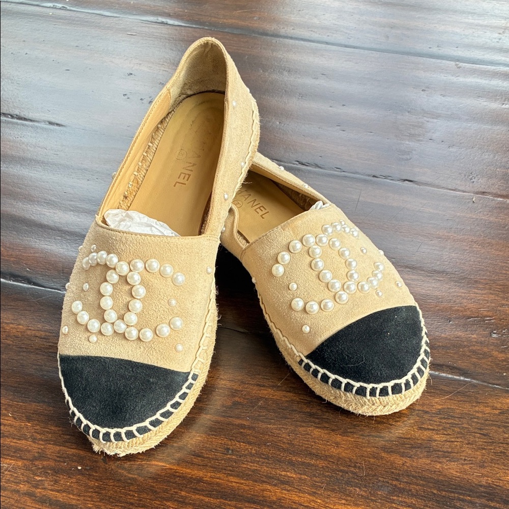 CHANEL Tan and Black Espadrilles with Pearl Detail